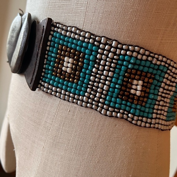 Vintage Beaded Stretch Belt Turquoise Wood Hook Western Boho 26”-34”